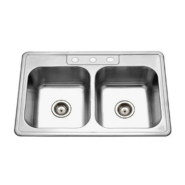 Houzer 8 in. Deep Glowtone Series Topmount Stainless Steel 3 Hole 50 & 50 Double Bowl Kitchen Sink HO298184